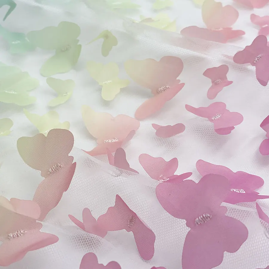2021 Custom design dress material 100%polyester gradient row applique tulle sheer 3D multicolor butterfly mesh embroidery fabric