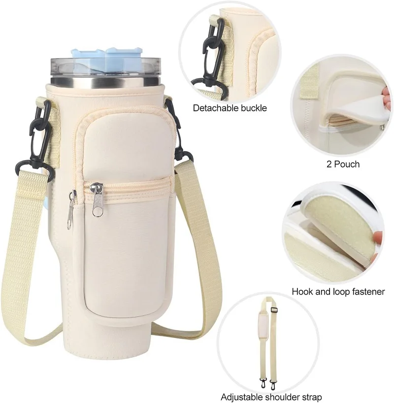 Custom logo neoprene 40oz water bottle carrier sleeve pouch tumbler cup holder sling bag with phone zipper pocket shoulder strap