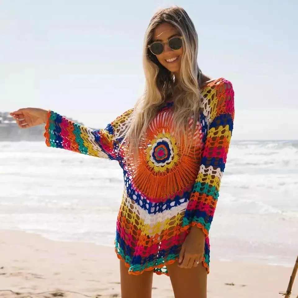 Разноцветная вязаная Пляжная накидка ручной работы 2023 бикини женский купальник кимоно на шнуровке Пляжное платье купальный костюм пляжная одежда туника Халат