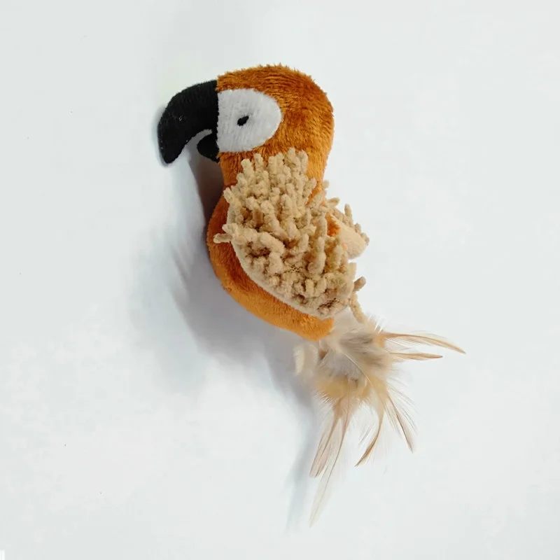 
High Quality Bird Woodpecker Parrot Cord Velour Plush Catnip Teaser Cat Toys With Genuine Feather 