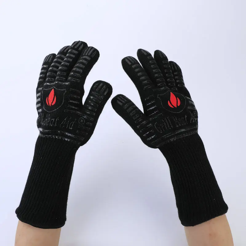 Aramid Fiber Plus Non-slip Silicone Bbq Cooking Glove 1472f Extreme Heat Resistant Black Bbq Gloves Oem