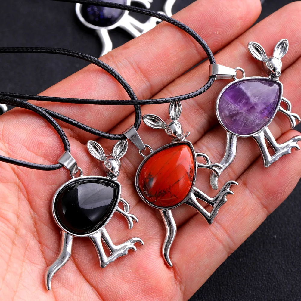 Fashion Jewelry Cute Animal Kangaroo Pendant Necklace for Women Girls Natural Stones