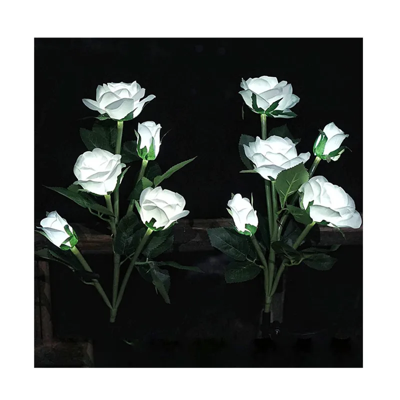 White Red Solar Garden Flowers LED  Realistic Rose Flowers Stake Lights Lamp Waterproof Outdoor for Patio Pathway Courtyard Lawn
