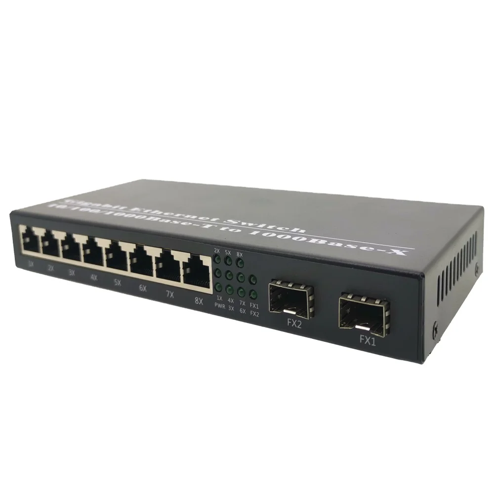 2SFP 8 Port RJ45 UTP 2G8E Gigabit Media Converter 10/100/1000M Ethernet Transceiver fiber Optical Switch 1.25G
