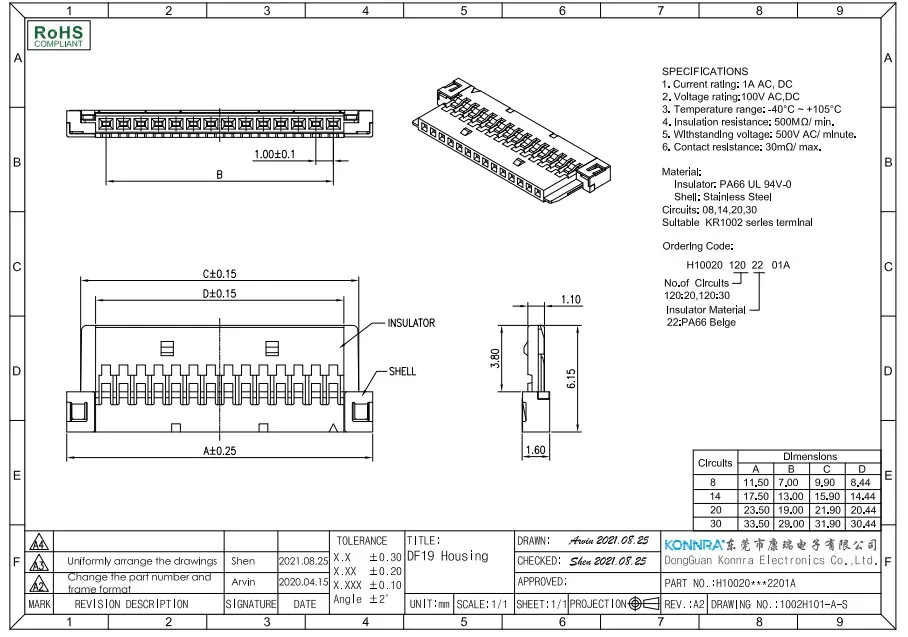 KR1002 1.00mm Pitch Single Row 8 14 20 30 PIin df19 Plastics Housing Replace hirose Wire to Board Connectors for Lvds Cable