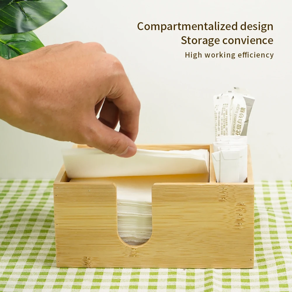 Custom Design Restaurant Home Kitchen Dining Table Bamboo Tissue Box Holder Napkin organizer with divider storage