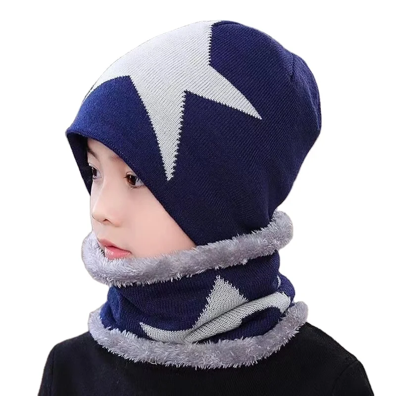 Winter boy warm set 2-16 years old fleece lining children knit beanie hat