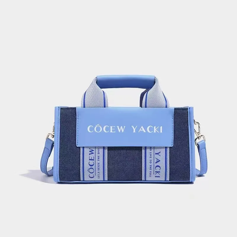 Hot selling Custom Logo Square Denim HandBags with straps Jean cotton canvas tote Women bags Contrasting colors crossbody Purses