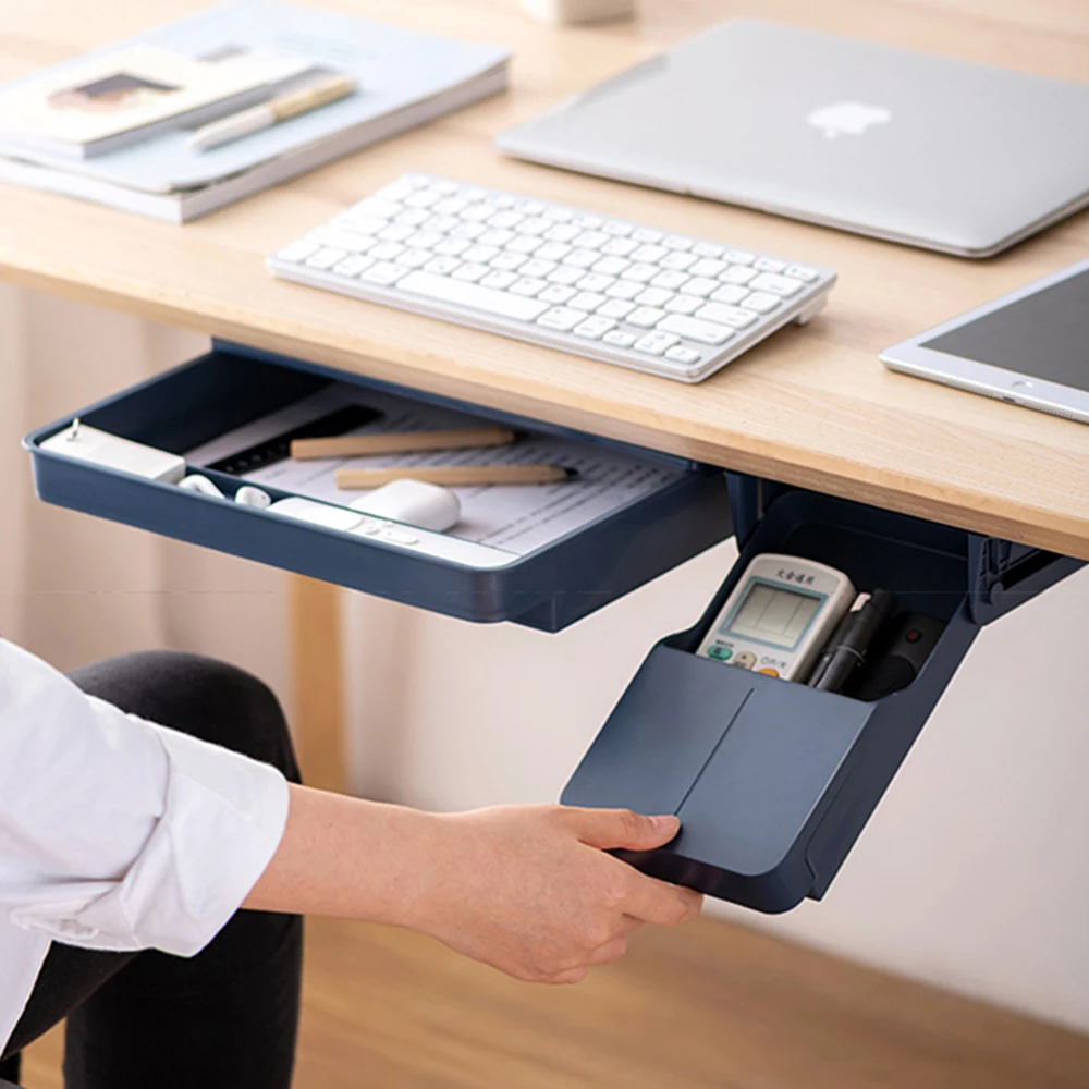 Small Under Table Large Capacity Hidden Self-Adhesive Tray Drawer Under Desk Holder Storage Box Accessories Office//