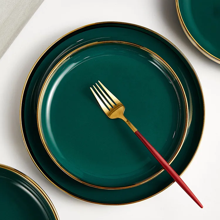 Hot sales restaurant hotel wedding green glazed gold rim design ceramic western serving plate