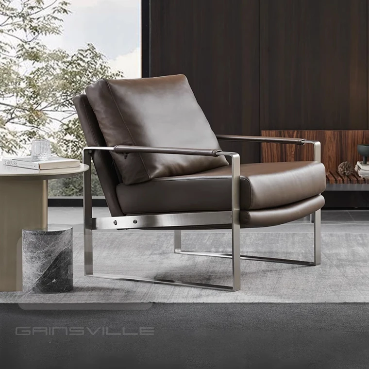 Современное нордическое кресло для отдыха, роскошное кожаное кресло с металлическим каркасом, мебель для гостиной, кресло для отдыха