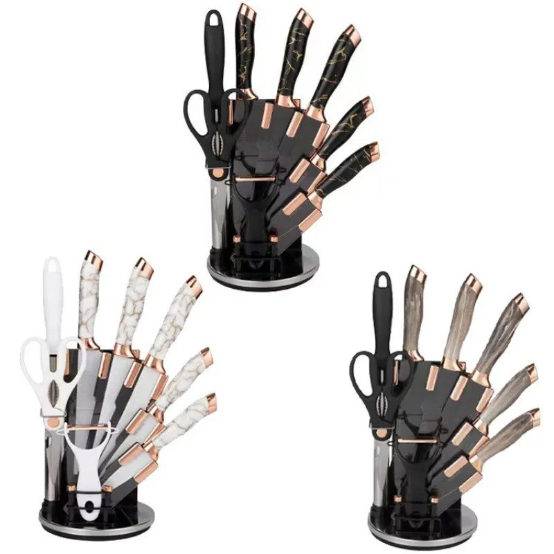 9PCS Knife Sets Marble Handle Rotating Kitchen Tool Meat Chef Bread SliceMeat Chef Bread Slice  Utility Paring Knives