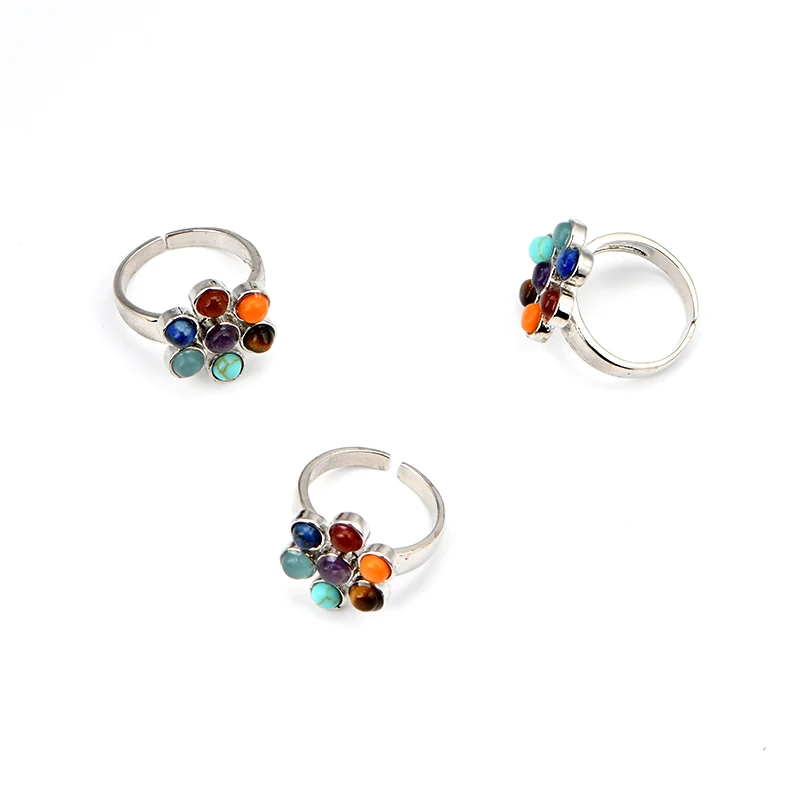 High quality Natural chakra crystal round cabochon ring Brass band adjustable ring