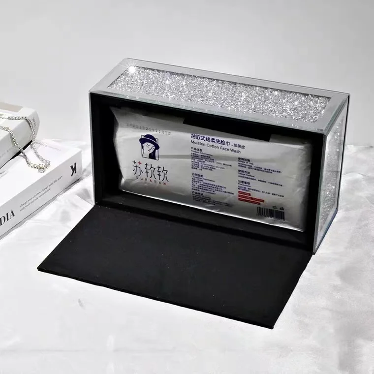Crushed Diamond Mirror Silver Luxury Unique Crushed Diamond Rectangular Mirrored Tissue Box Tissue Holders Mirror Tissue Box