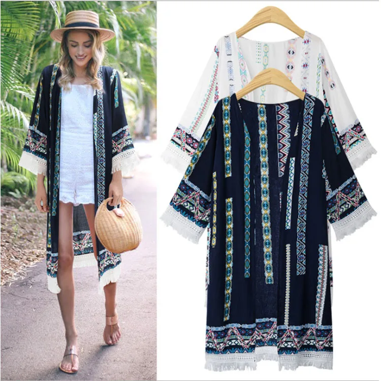 
Hot Sale Wholesale Summer Bohemia Beach Long Cardigan Plus Size Long Sleeve 
