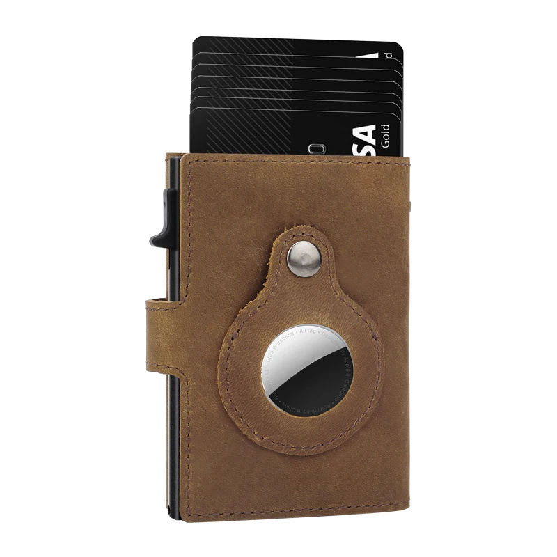 Wholesale Custom Front Pocket Genuine Leather Case Slim Minimalist Rfid Aluminum Metal  Business Credit Card Holder With Airtag