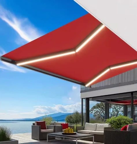 Aluminum Waterproof Sunshade Pergola Canopy Restaurant Balcony Retractable Awning LED Light