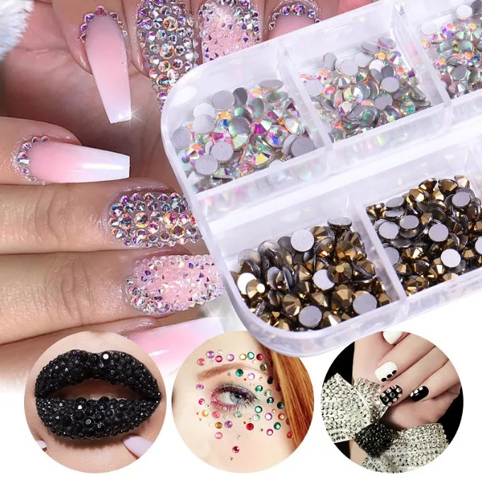 New 12 Grids Geometry Shiny Glass Crystal Rhinestones Nail Decoration Round Flat Back DIY Nail Art Crystals Jewelry +Dotting Pen