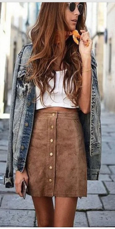 
Fashion Elegant Women Ladies Summer Skirts High Waist Single Breasted Solid Slim A-Line Suede Leather Mini Skirts 