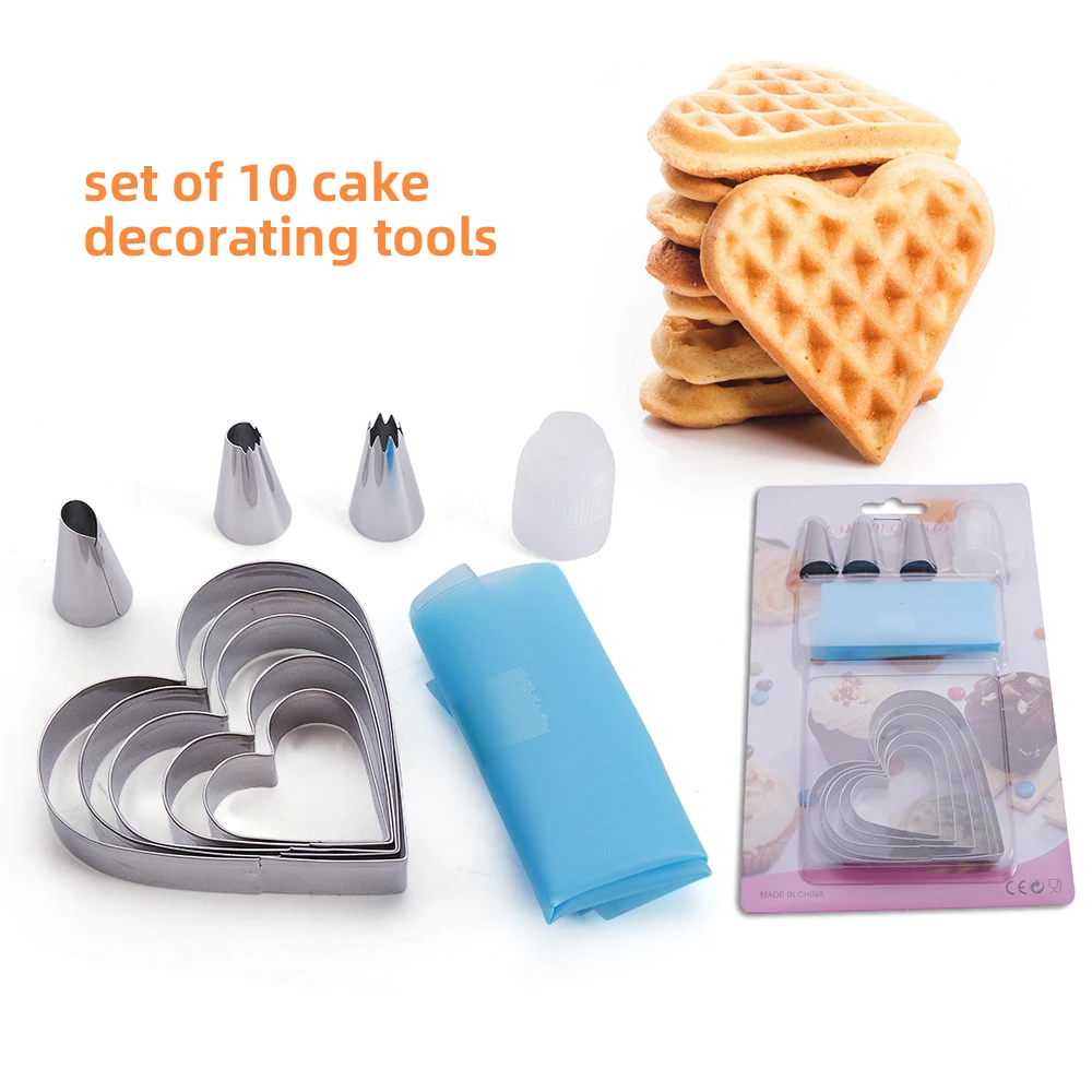 New design 10 pcs heart shape mold piping bags baking waffle cookie icing decorating set cake tools and accessories