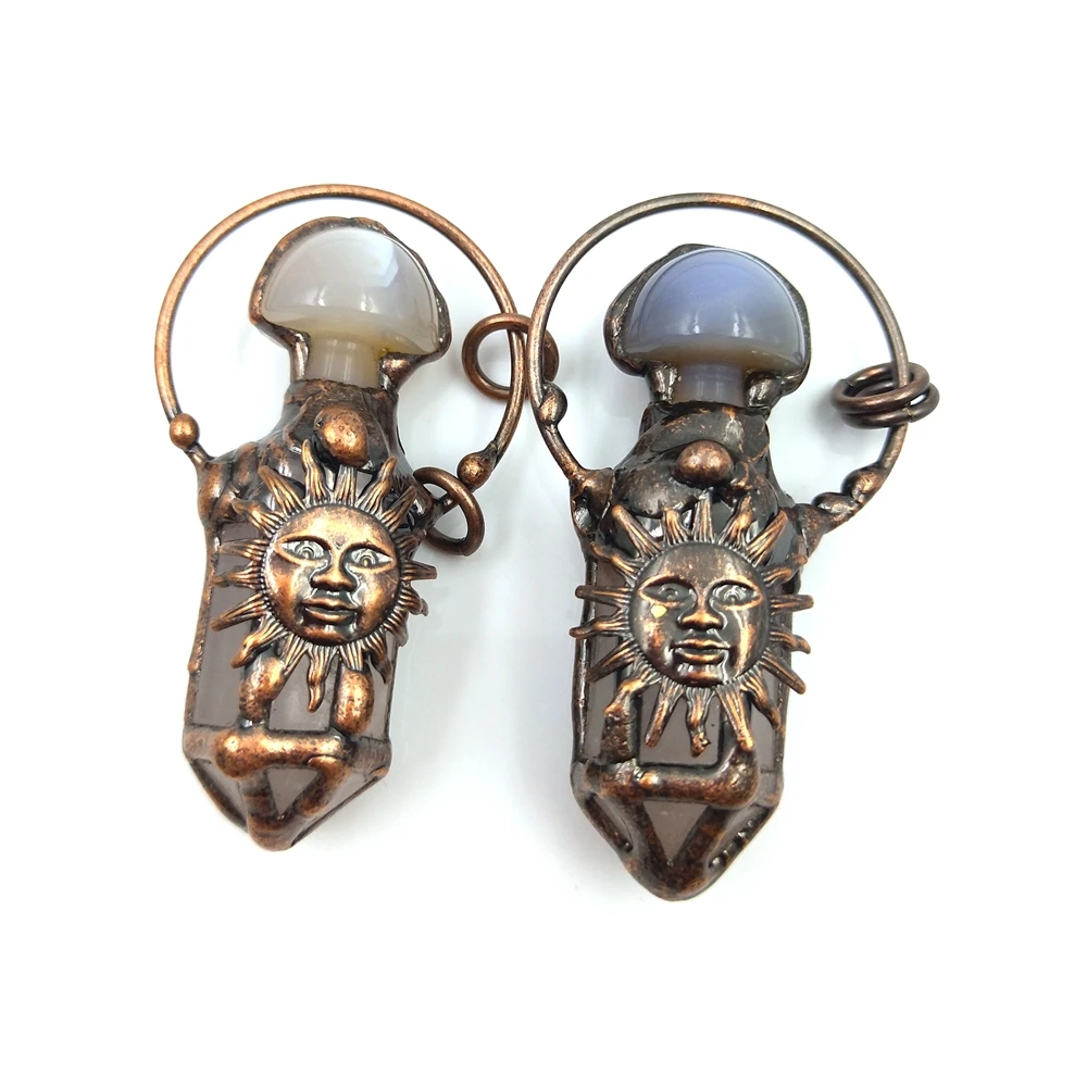 Wholesale Natural Crystal Bullet Point Shape  Pendant Pink Rose Quartz Connector Bronze Sun Charms DIY Winter Season Necklace