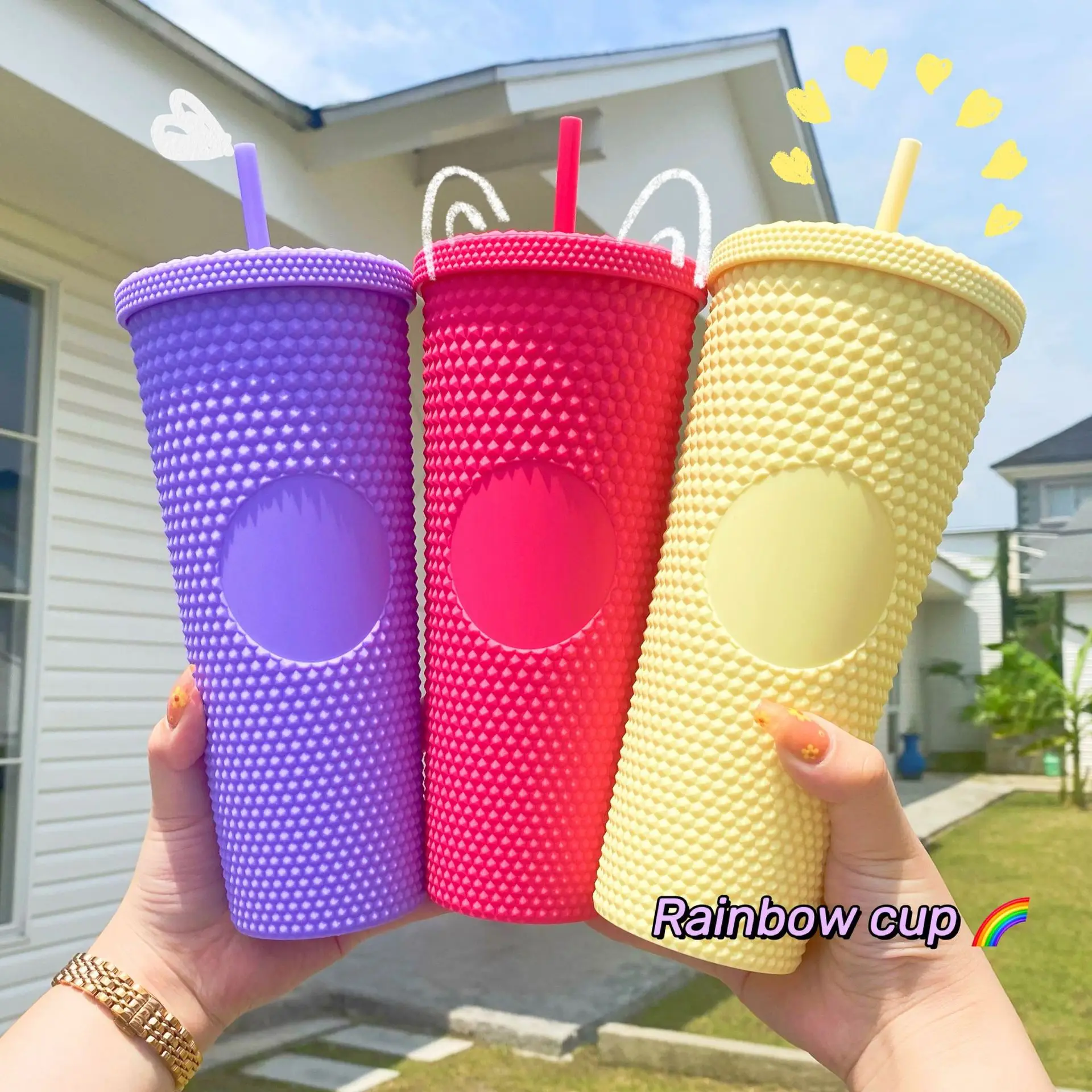2024 Popular Reusable Drink Cup Double Wall Plastic Juice Coffee Mug 24oz Studded Tumbler With Straw