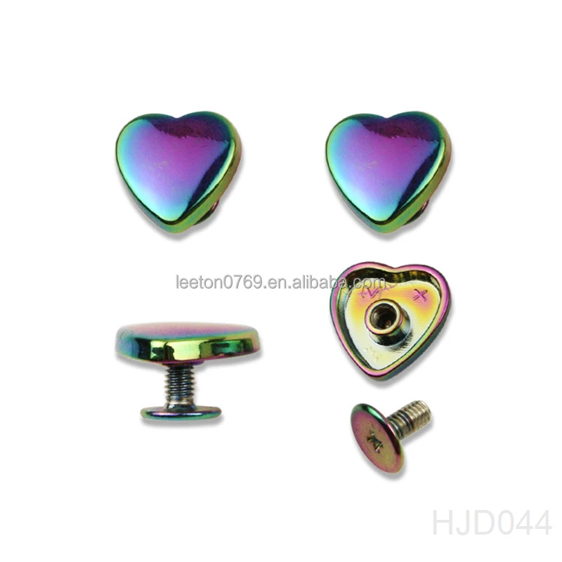 Stock supply high quality 14mm heart shaped rainbow metal bag rivets