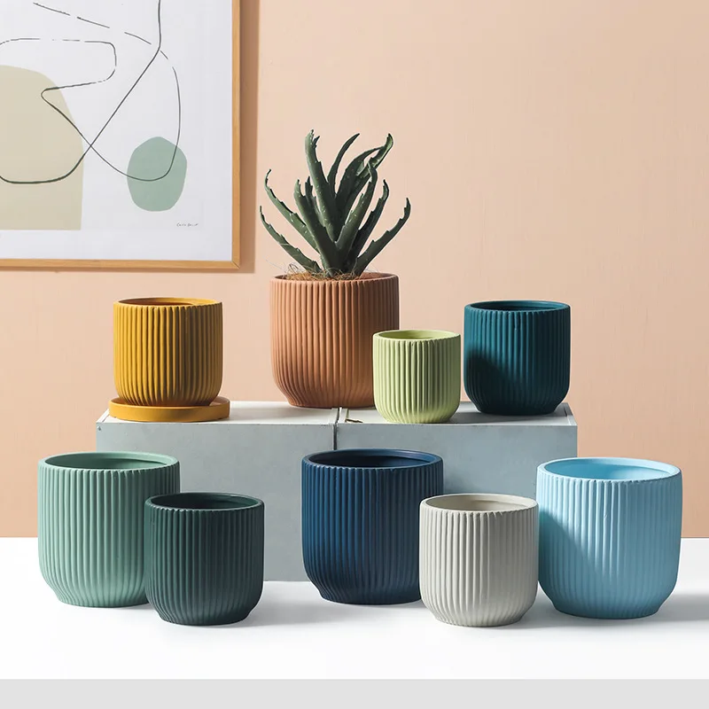 Modern pastel fluted planter pot nordic ribbed ceramic flower pot