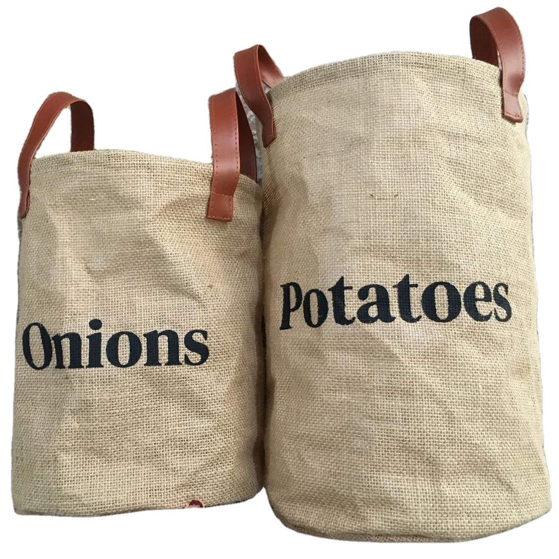 
2021 new style jute storage bag for potatoes and onions with leather handle 