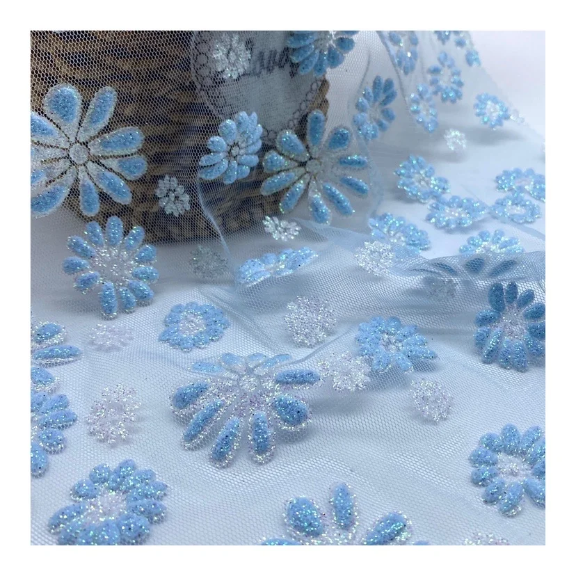 Hot sale products shinny blue daisy glitter tulle fabric mesh for party dresses wedding dresses