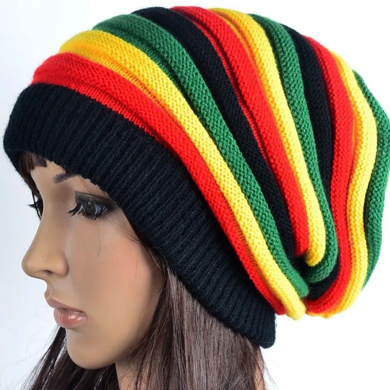 Fashion Jamaican Reggae Cap Multi Colour Striped Hat Crochet Slouchy Baggie Beanie Skullies Rasta Hat Unisex
