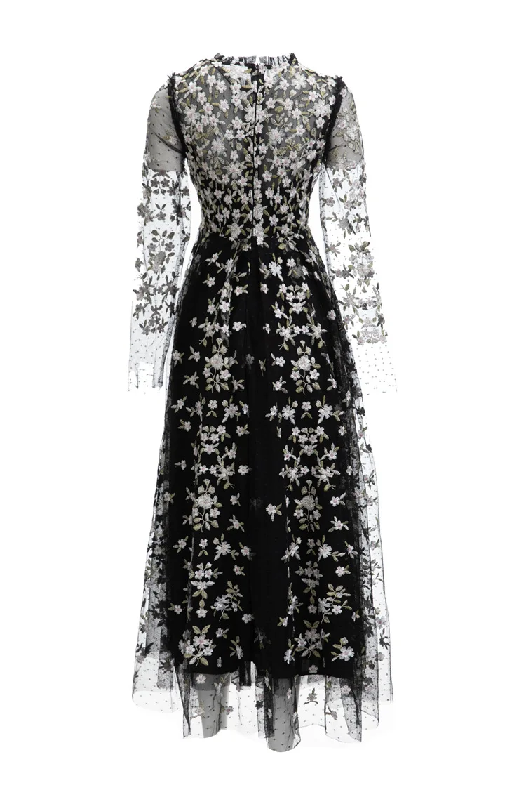 XXL Long Embroidery Dress 2024 Spring Wedding Party Dress for Women Allover Luxurious Embroidery Long Sleeve Maxi Dress Occasion