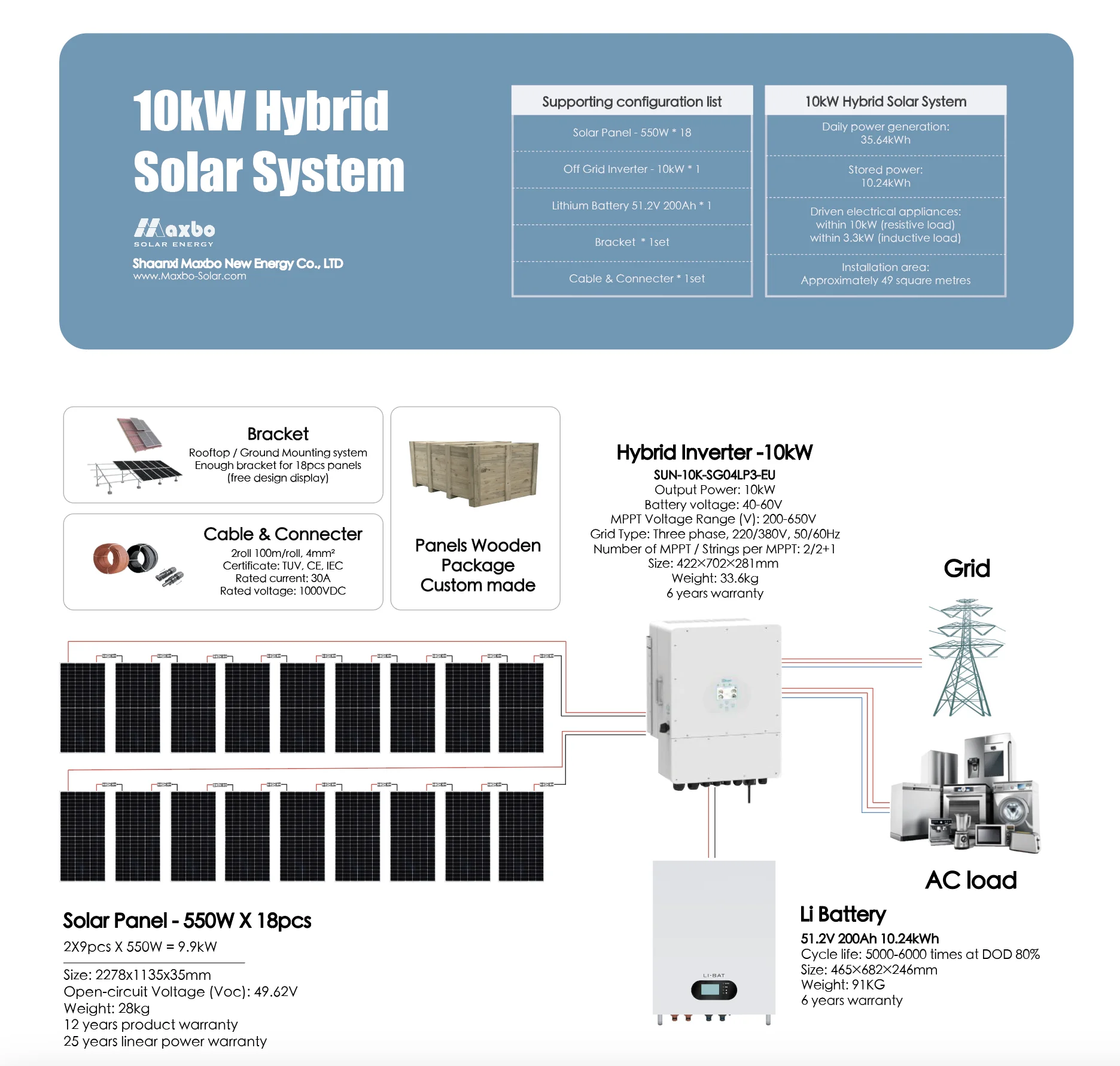 10kW hybrid Energy Storage Photovoltaic Pv Panel On Off Hybrid 10 Kw 3 Phase Complete Solar System 10Kw With Power Wall