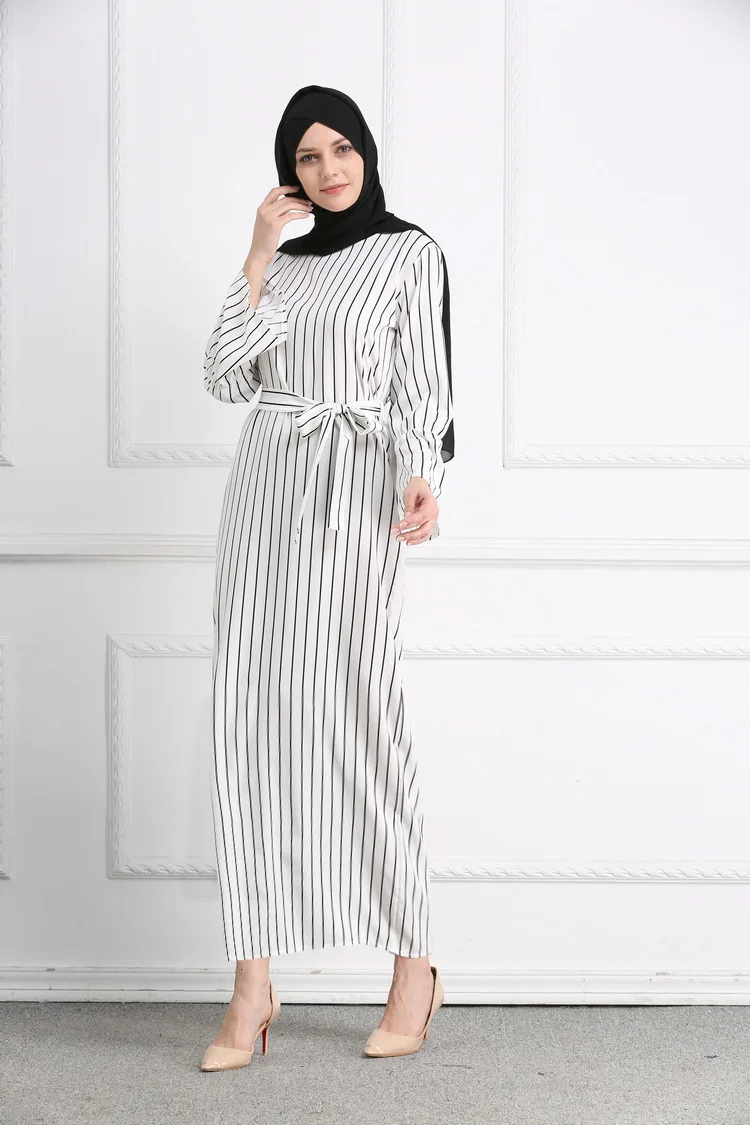 New Arrival Dubai Fashion Muslim Long Sleeve Striped T-Shirt White Abaya Dress