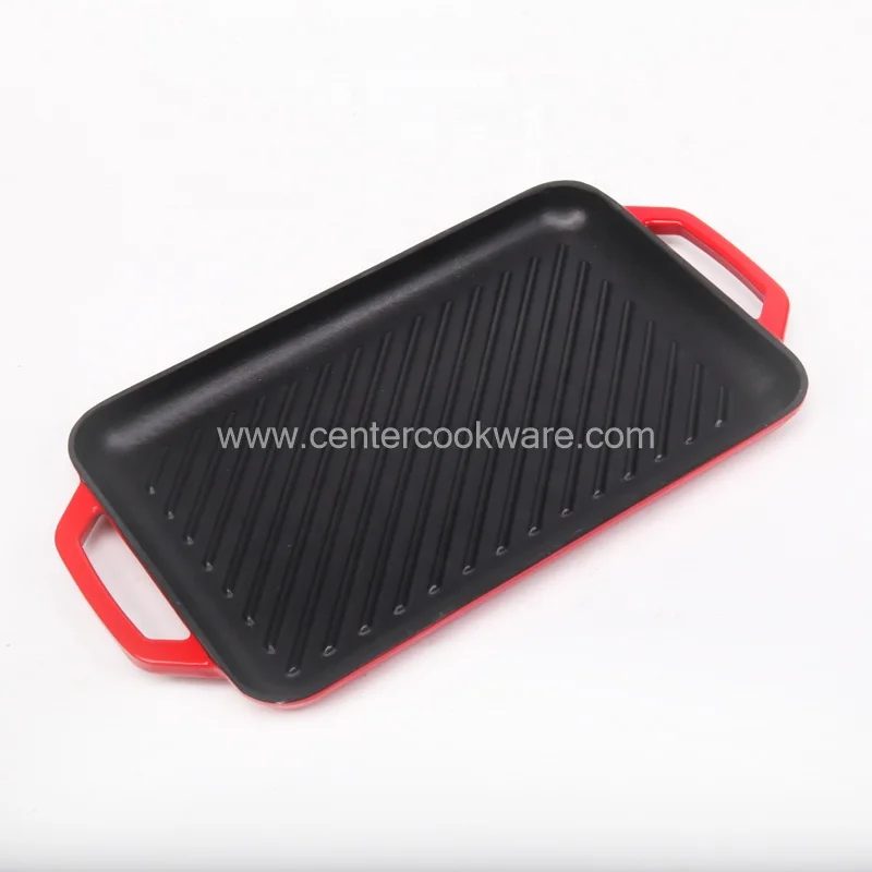 Wholesale cookware Rectangle Enamel Cast Iron Induction baking Roasting Grill Plate Griddle Bbq Plate Grill Pan