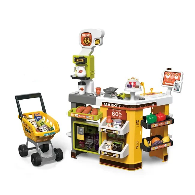 custom supermarket store play set trolley toys 65pcs electric cash register super market toy shopping cart