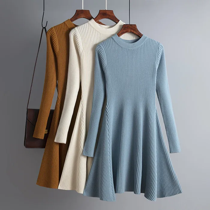 New Minimalist Trendy Women Sweater Dress Autumn Winter Long Sleeve High Quality A-Line  Knitted Dresses