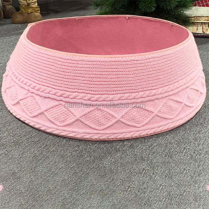 Pink Christmas Knit Tree Collar Skirt White Woolen Christmas Tree Mat Cable Knit Stripe Xmas Ornaments Christmas Tree Decoration