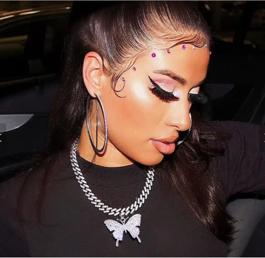 
New shiny crystal pink butterfly cuban link chain tennis necklace Hip hop jewelry 