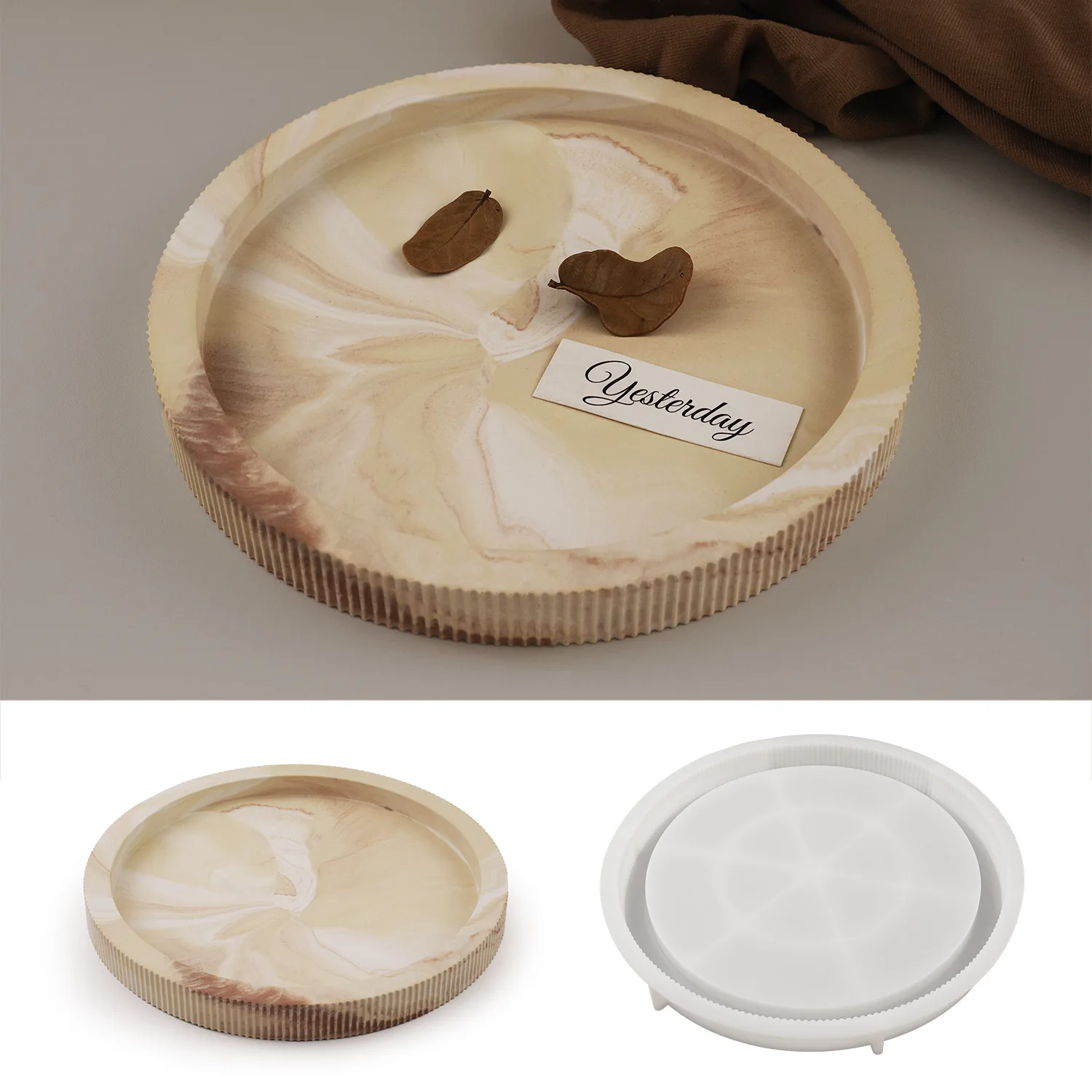 DIY adhesive gypsum cement lace stripes circular disc storage tray mold flower pot base silicone mold