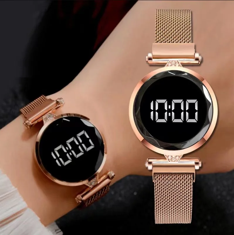 Luxury Digital Magnet Watches For Women Touch Stainless Steel Dress LED Quartz Watch Female Clock Relogio Feminino Drop Ship