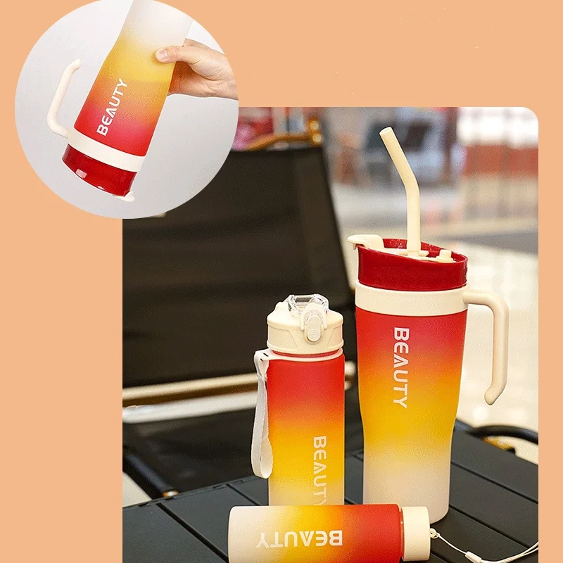 Gradient Frosted Straw Dual-Drinking Large-Capacity Plastic Cooler Cup 3pcs Car-Mounted Water Bottle 3 in 1 Set For Gym