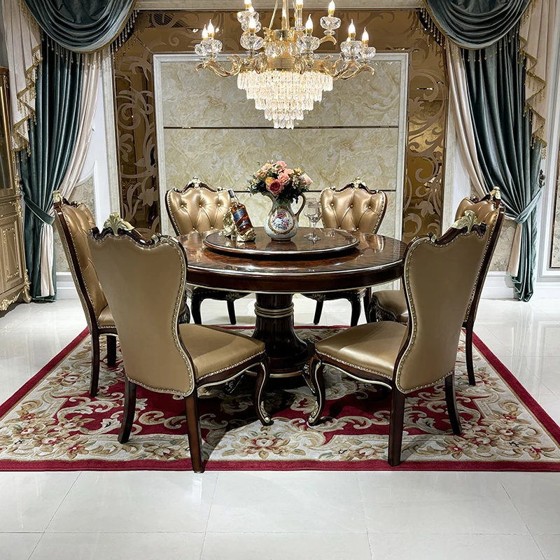 MO LAN French solid wood dining table and chair combination European court luxury high-grade wood veneer parquet round table