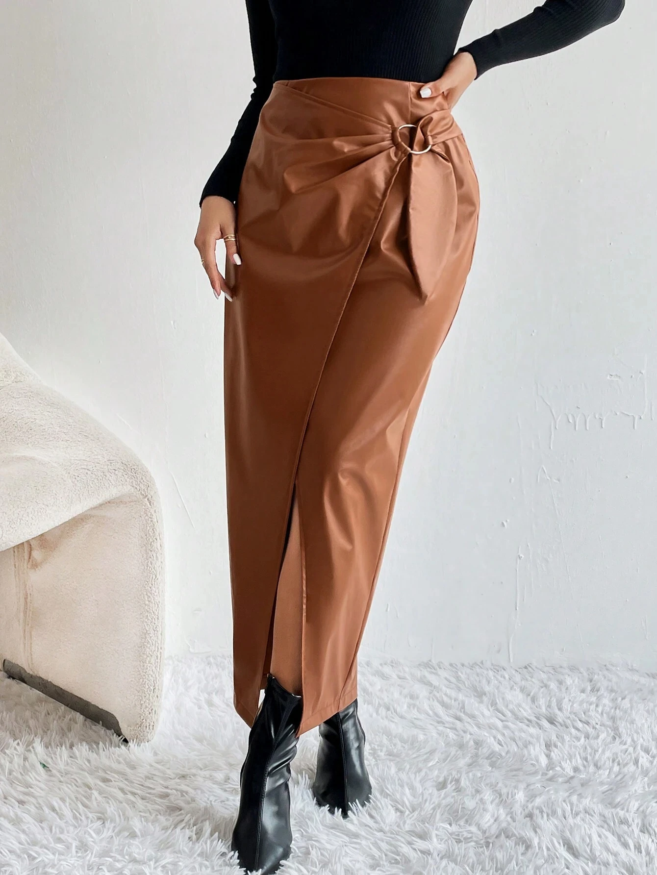 New Style Elastic Fitted Skinny Skirt Women Casual Bodycon Midi Skirt OEM Custom Trending High Waist PU Leather Skirt