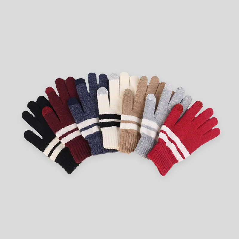 Зимние ветрозащитные перчатки для студентов и велоспорта полосатые трикотажные мужские теплые перчатки для сенсорного экрана