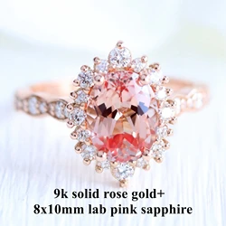Luster Large Vintage Style 10K 14K 18K Gold Halo Moissanite Band 8x10mm Lab Grown Peach Pink Sapphire Ring for Woman