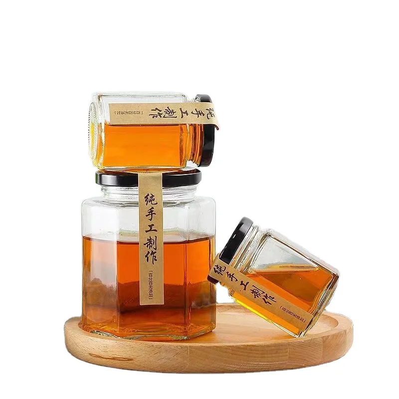 Wholesale Jam Honey Container Cream Jar  45ml 60ml 85ml 100ml 180ml 280ml 380ml Canning Caviar Food Storage Hexagon Glass Jar