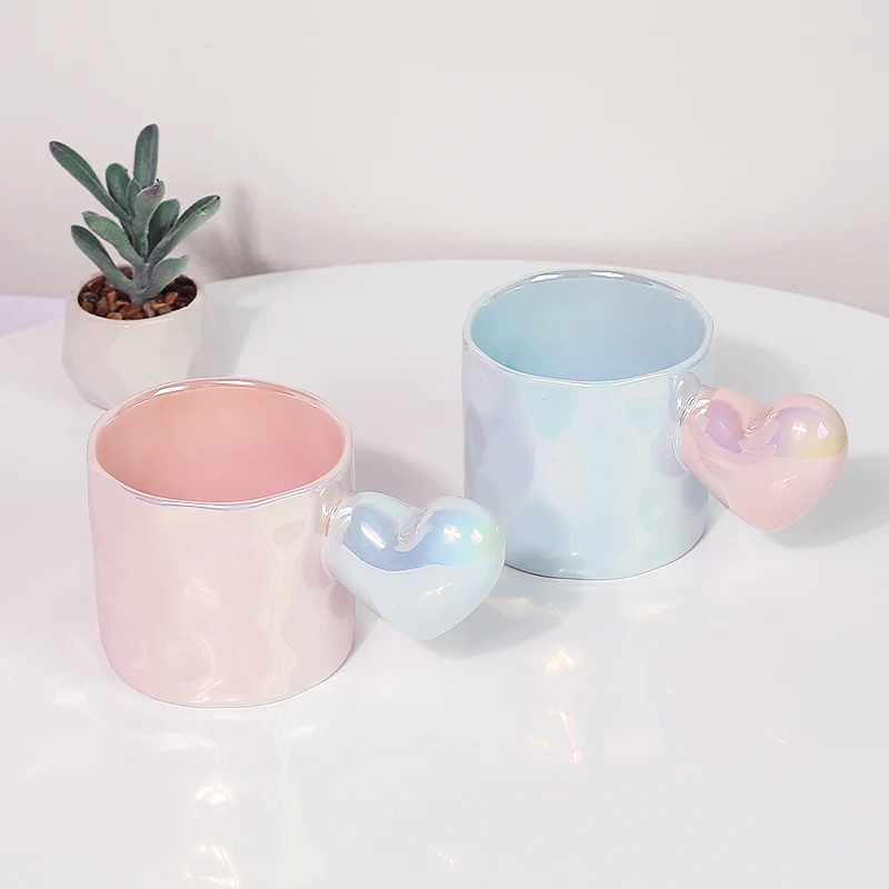 Wholesale Korean Ins Style Cute Ceramic Mugs With 3d Heart Shaped Handle Pearl Glazed Creative Coffee Mug For Gift