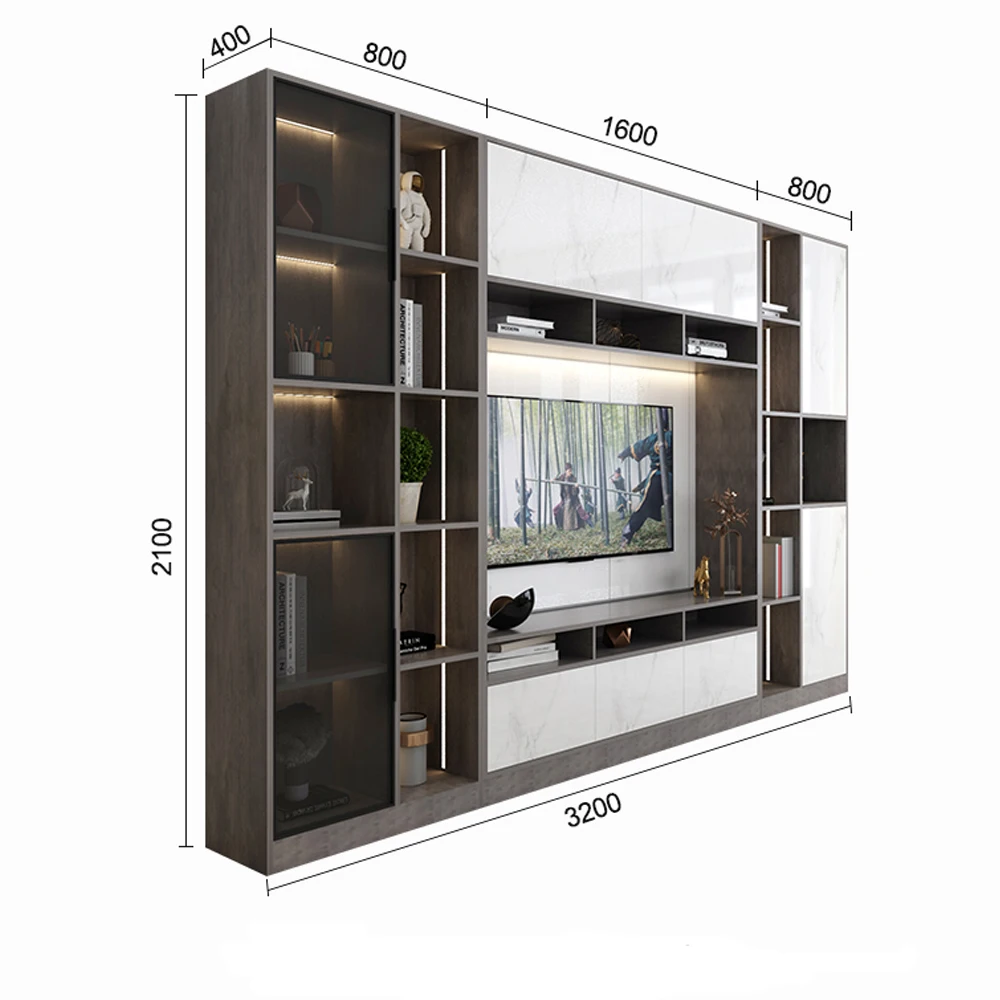 Luxury modern design living room furniture wall cabinet TV stand with bookshelves storage cabinets