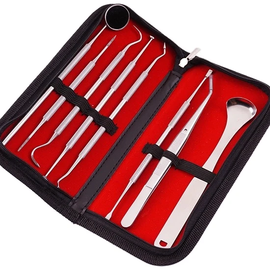 Shinerosy Stainless Steel tooth Scraper kit Dentist oral Cleaning Tool Set Dental Stone Removal Tongue Mirror 8 pieces SR-ODF16